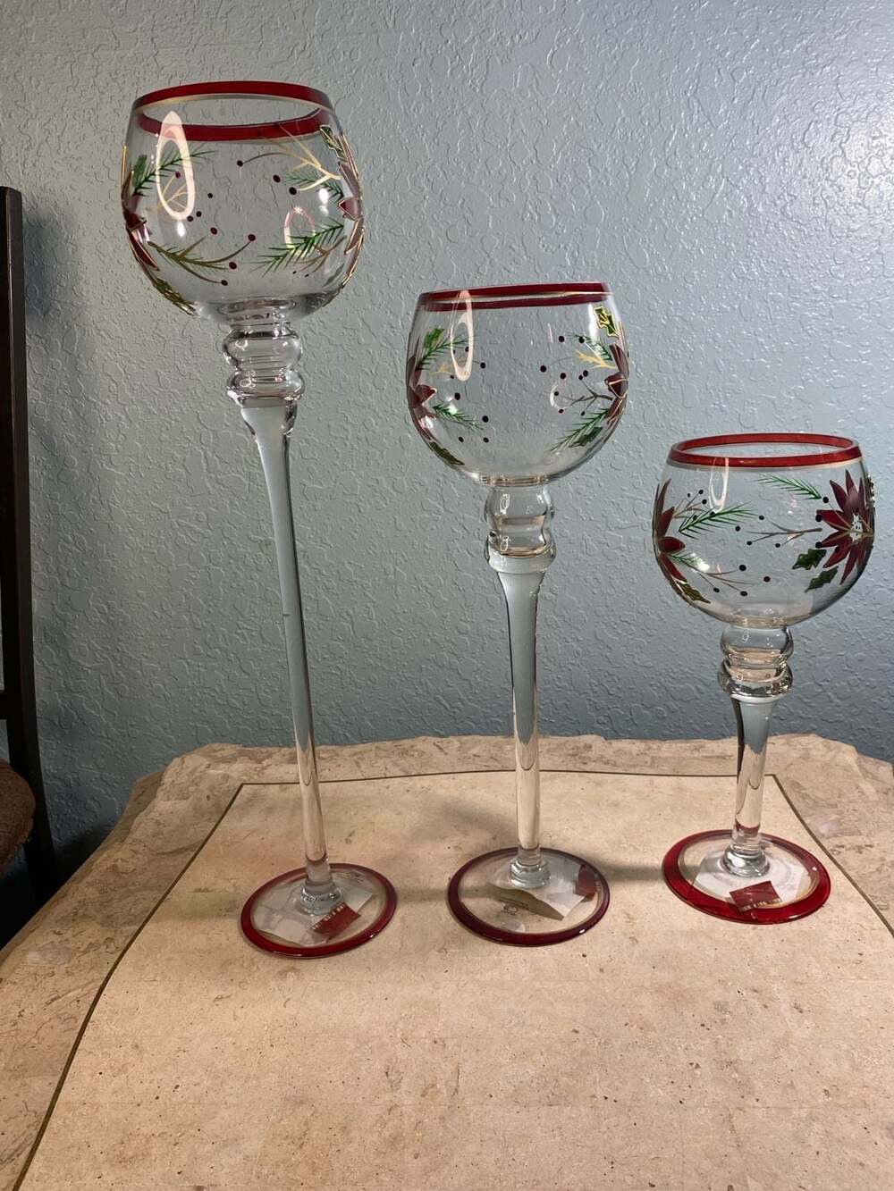 Home for the Holidays Hand Painted Poinsettia Glass Candle Holders Set of 3